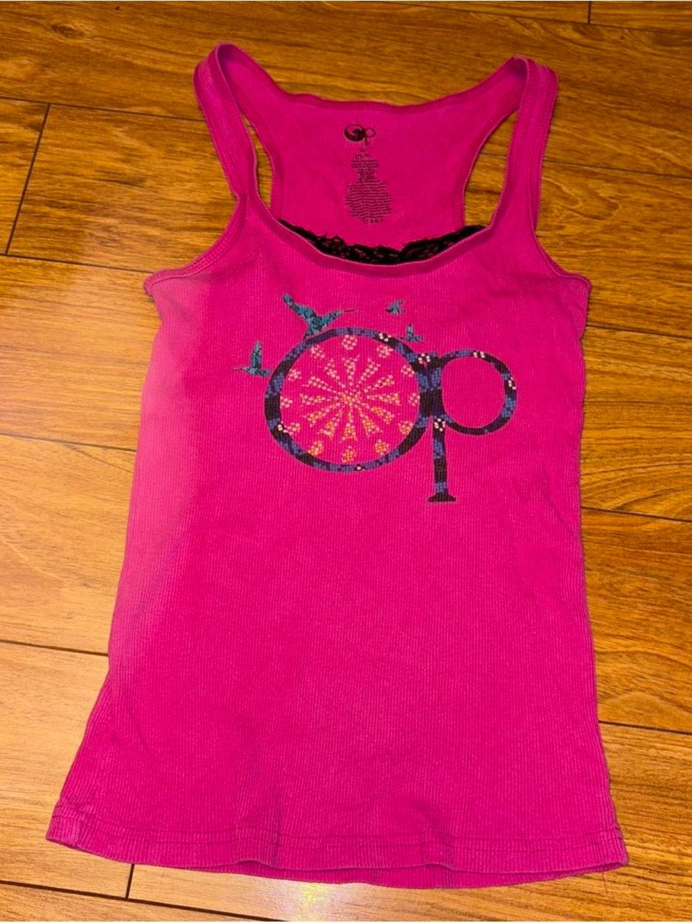 Pink Y2K tank top with black lace detailing